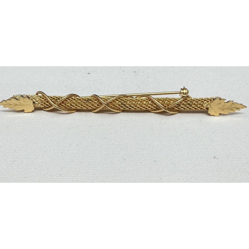 Vintage Gold Tone Textured Bar Brooch Pin Twisted Rope Mid Century Leaf